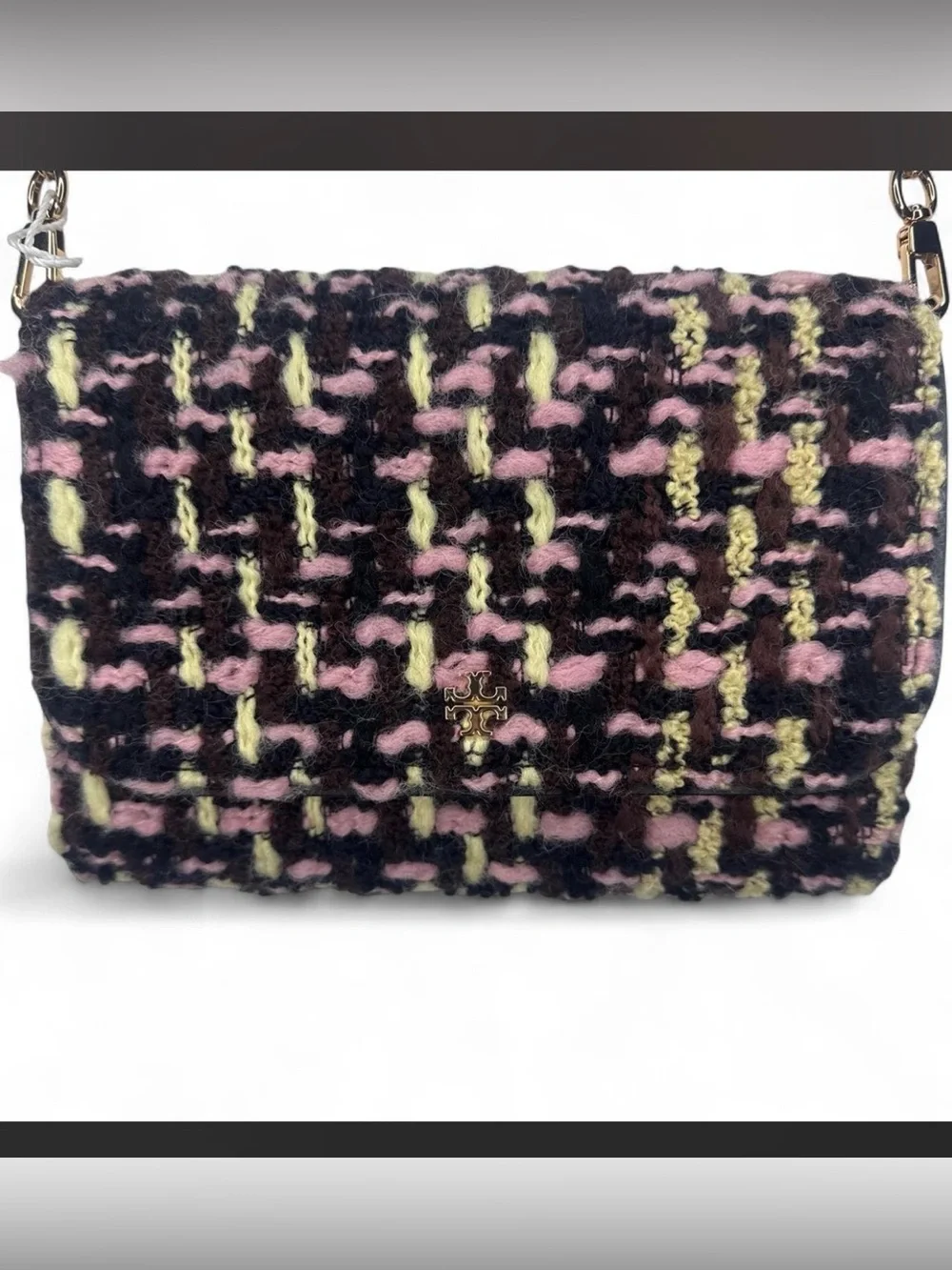 Tory Burch Tweed Flap Shoulder Bag in Pink, Black & Yellow-Green